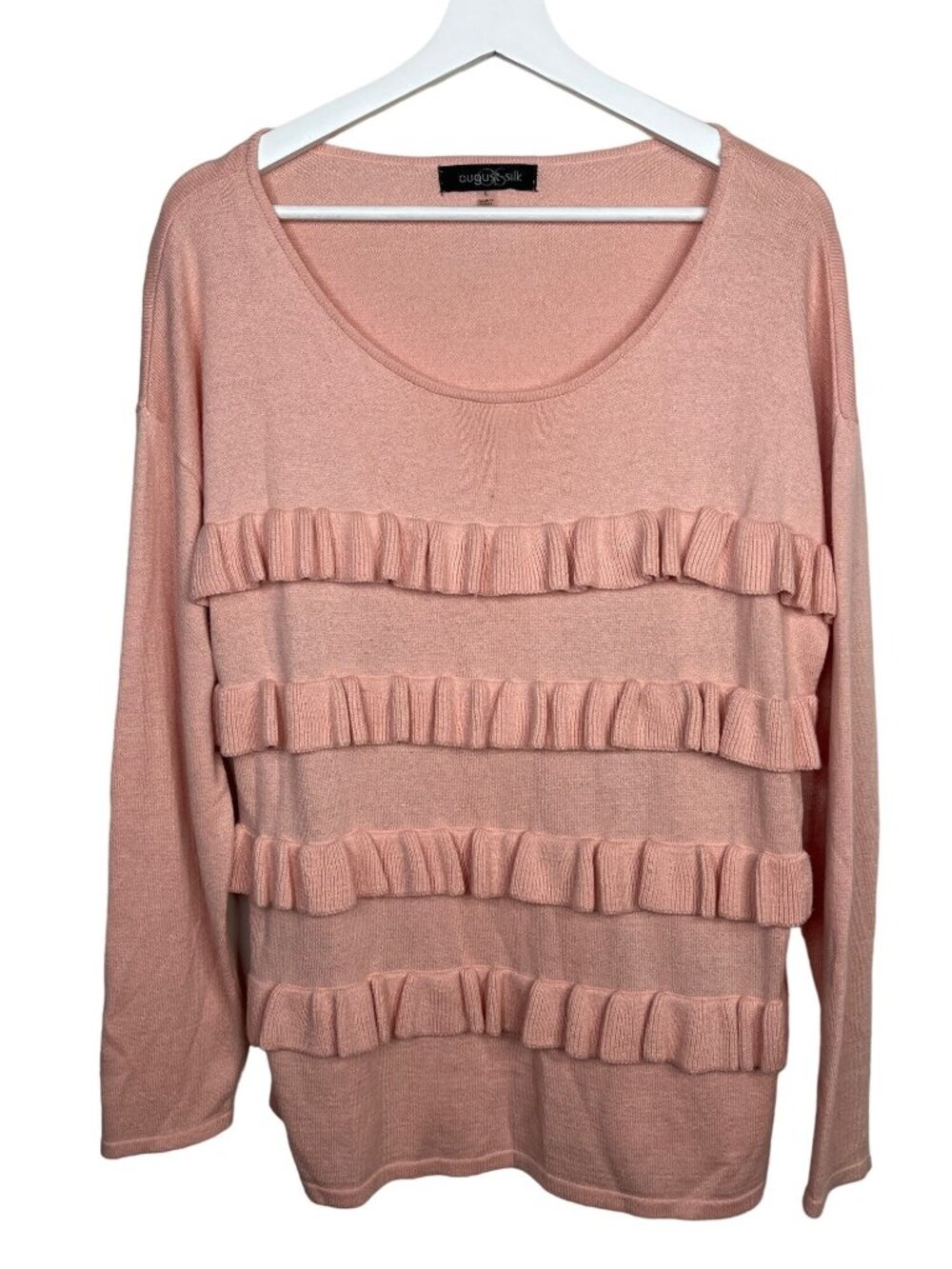 August Silk Women's Large Pink Ruffle Scoop Neck Sweater Lightweight Knit